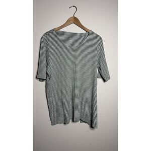 Pure Jill Striped Shirred Back Tunic Top Large Tall Short Sleeve Green V-Neck